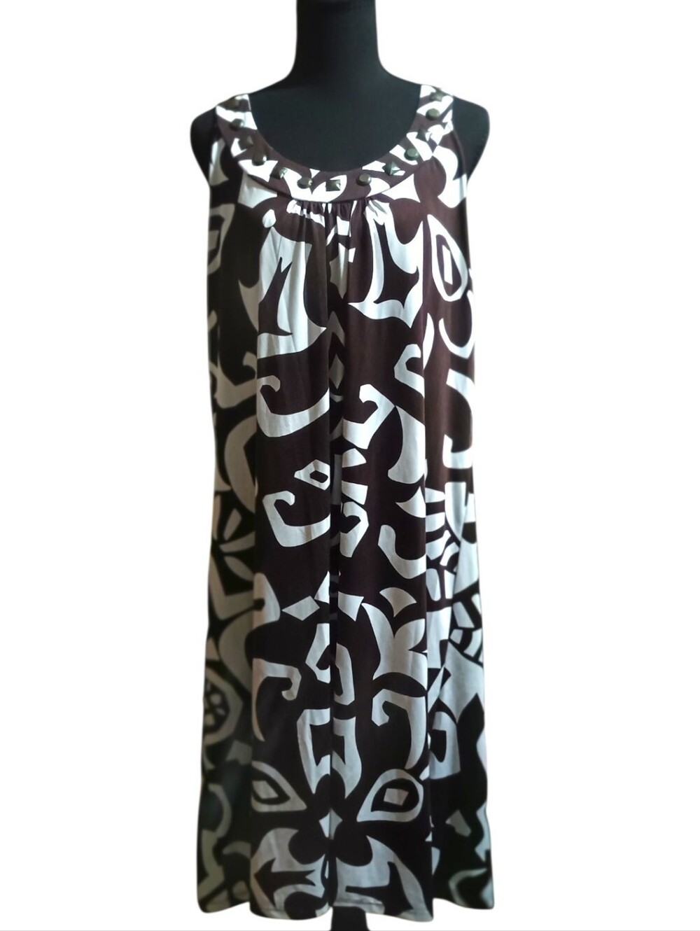 Retro Style Dress Boho Geometric Design Embellished Neckline Sleeveless Sz XL